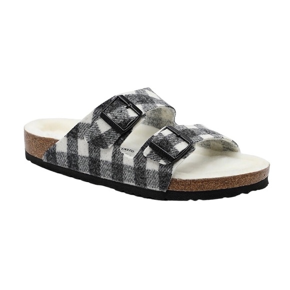 Birkenstock Shoes - Birkenstock Arizona Wool Plaid Sherling Shoe Black White Size 40 RIGHT SHOE ONLY